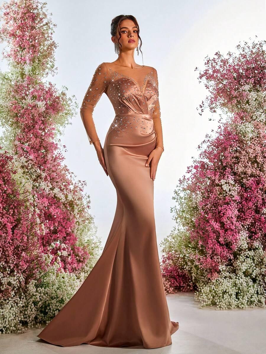 GLAMRAE BEŻOWA MAXI SUKIENKA ZDOBIENIE S09__S