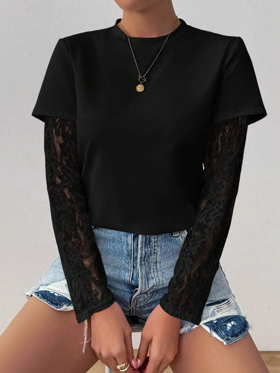 SHEIN CZARNA BLUZKA Z DŁUGIM RĘKAWEM KORONKA S06__XS