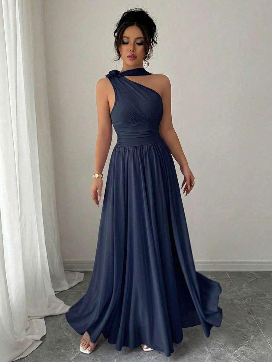 SHEIN GRANATOWA MAXI SUKIENKA NA JEDNO RAMIĘ S06__S