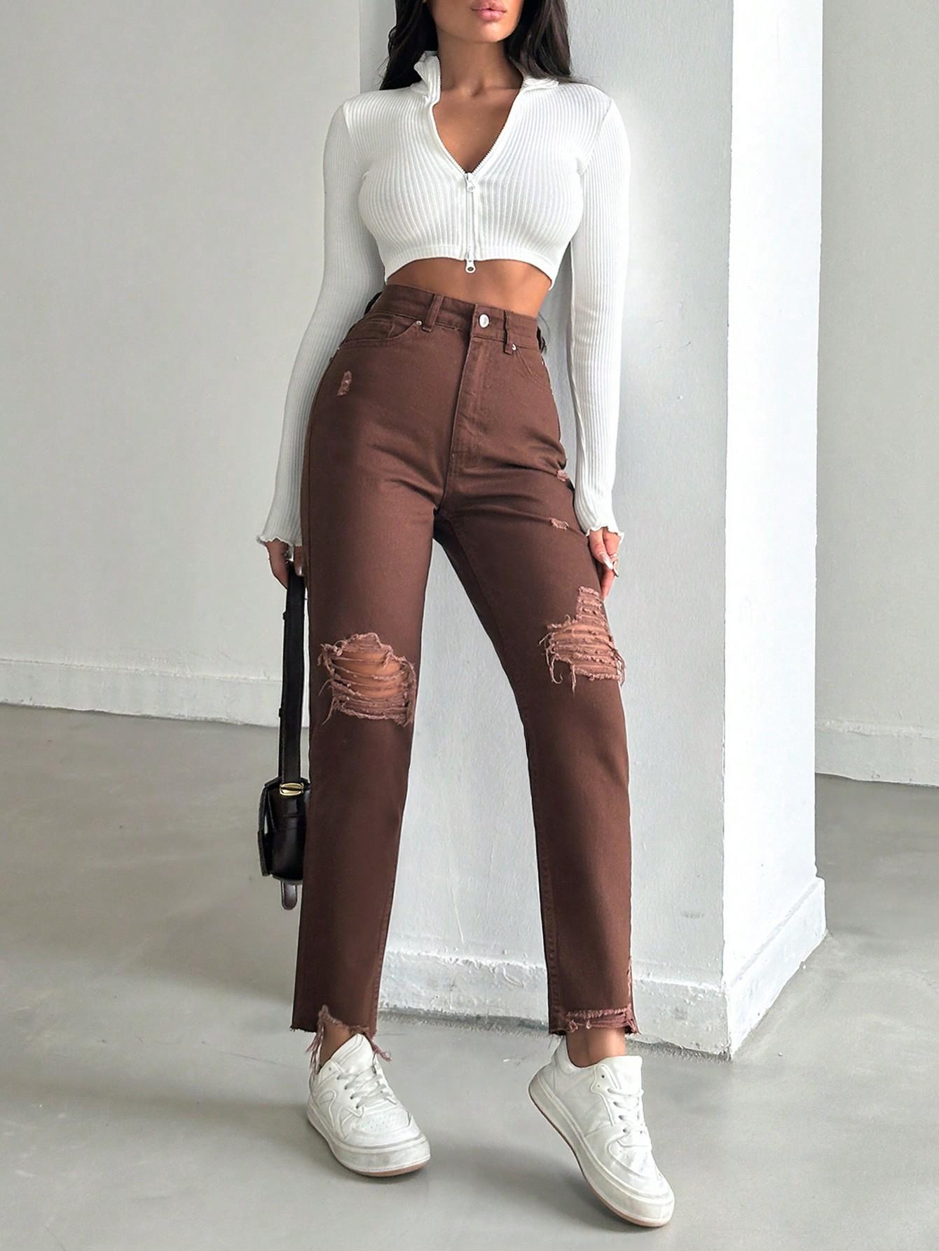 SHEIN BRĄZOWE SPODNIE JEANS S06__S