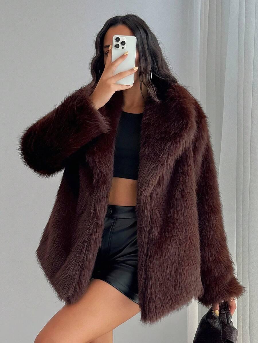 SHEIN BRĄZOWE SZTUCZNE FUTRO W01__M