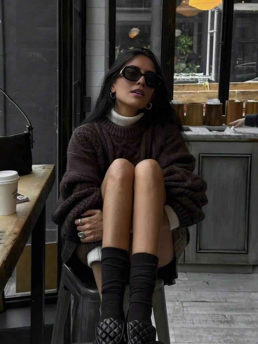 SHEIN BRĄZOWY SWETER OKRĄGŁY DEKOLT S06__S