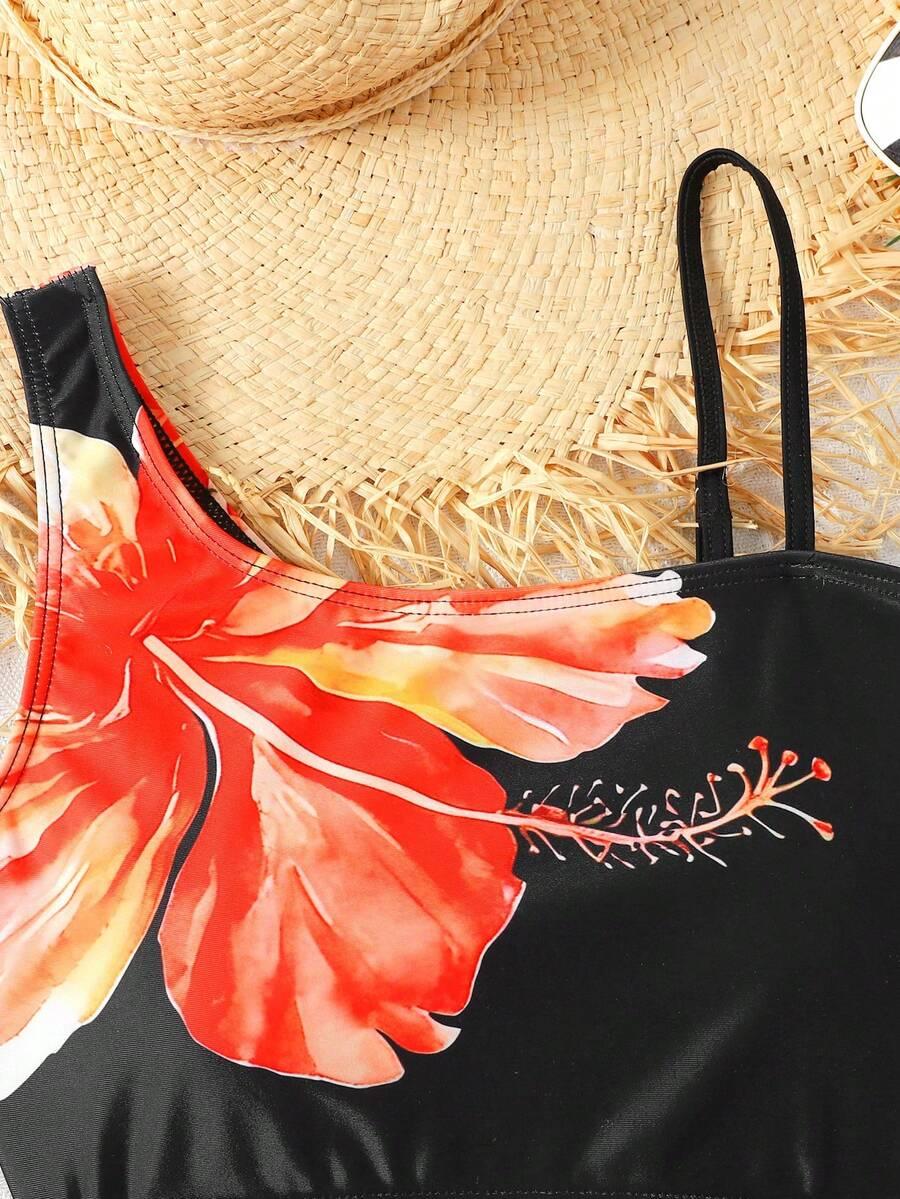 SHEIN CZARNY JEDNOCZĘŚCIOWY STRÓJ KĄPIELOWY KWIATY S09__166-170