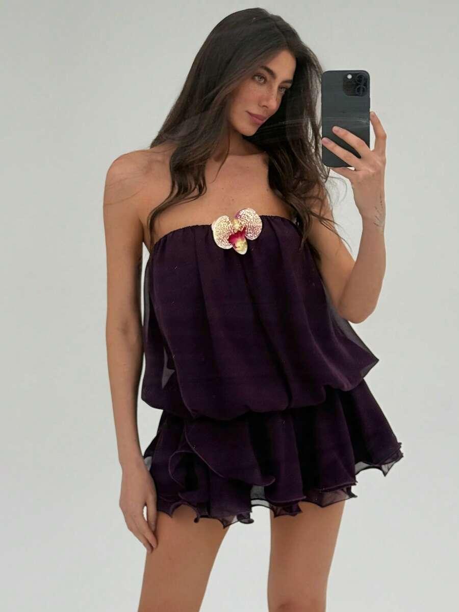 SHEIN FIOLETOWA MINI SUKIENKA KWIAT 3D PK01__XS