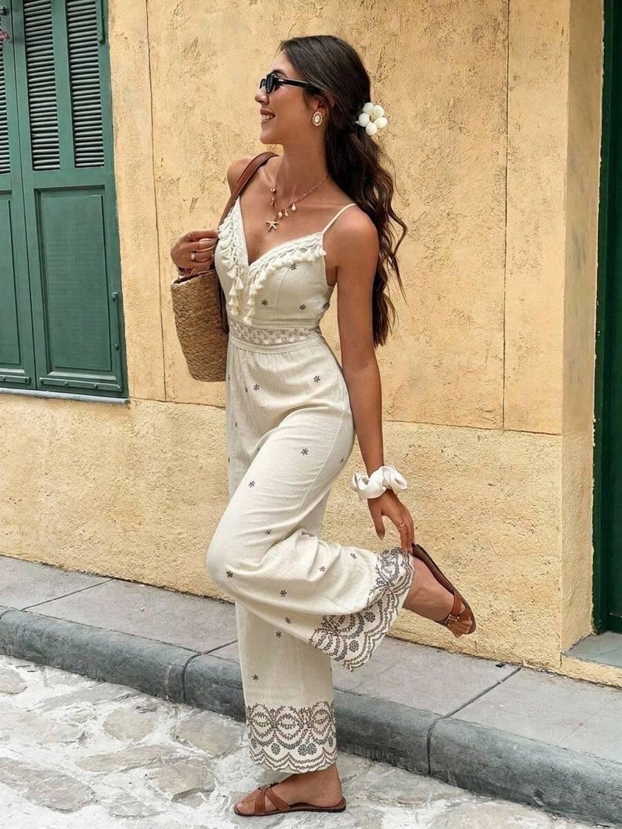 SHEIN BEŻOWY KOMBINEZON ZDOBIENIE S06__M