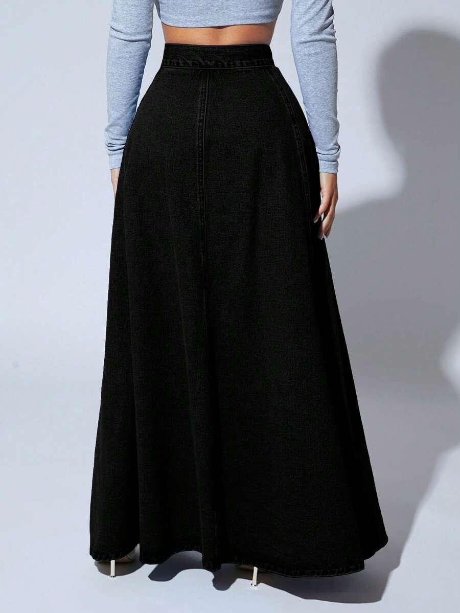 SHEIN CZARNA MAXI SPÓDNICA JEANS S06__L