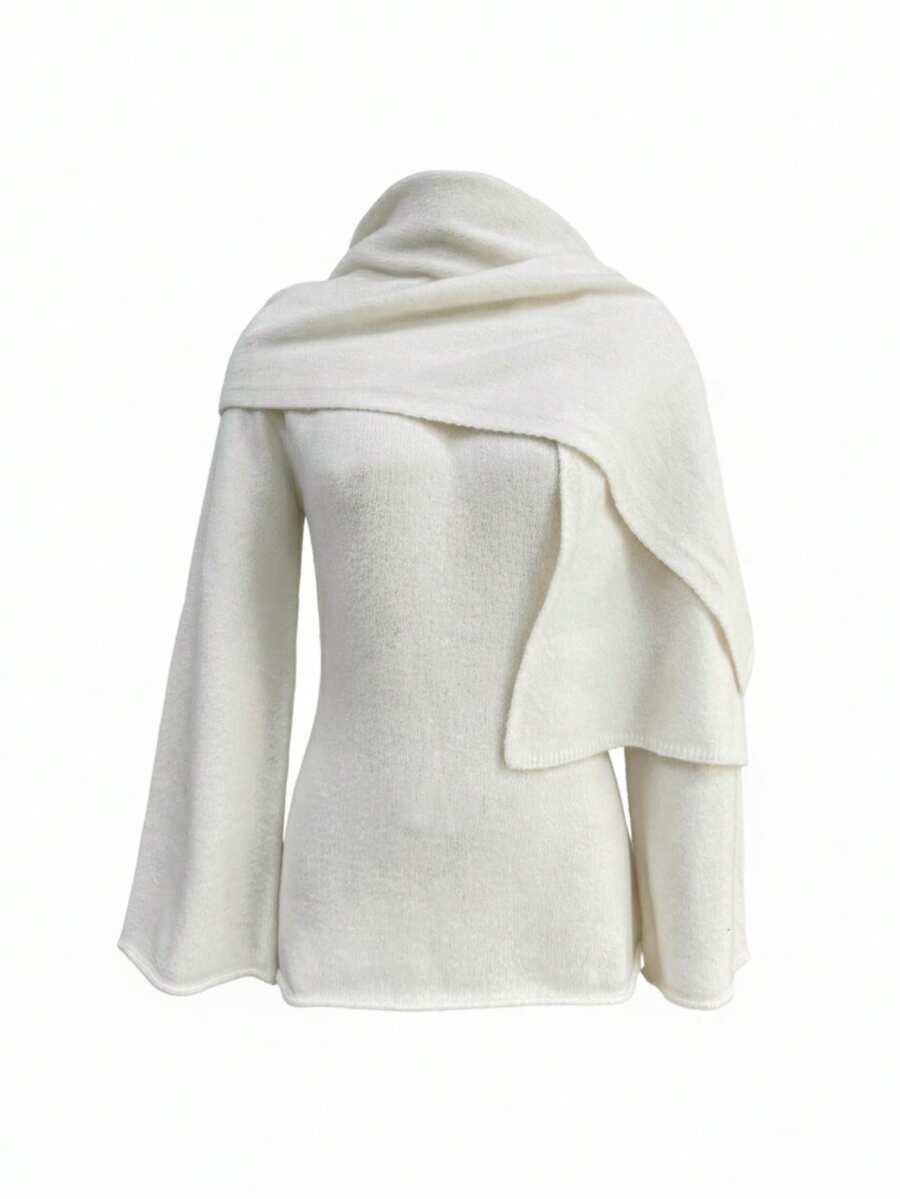 SHEIN KREMOWY SWETER DŁUGI RĘKAW SZALIK PK01__M