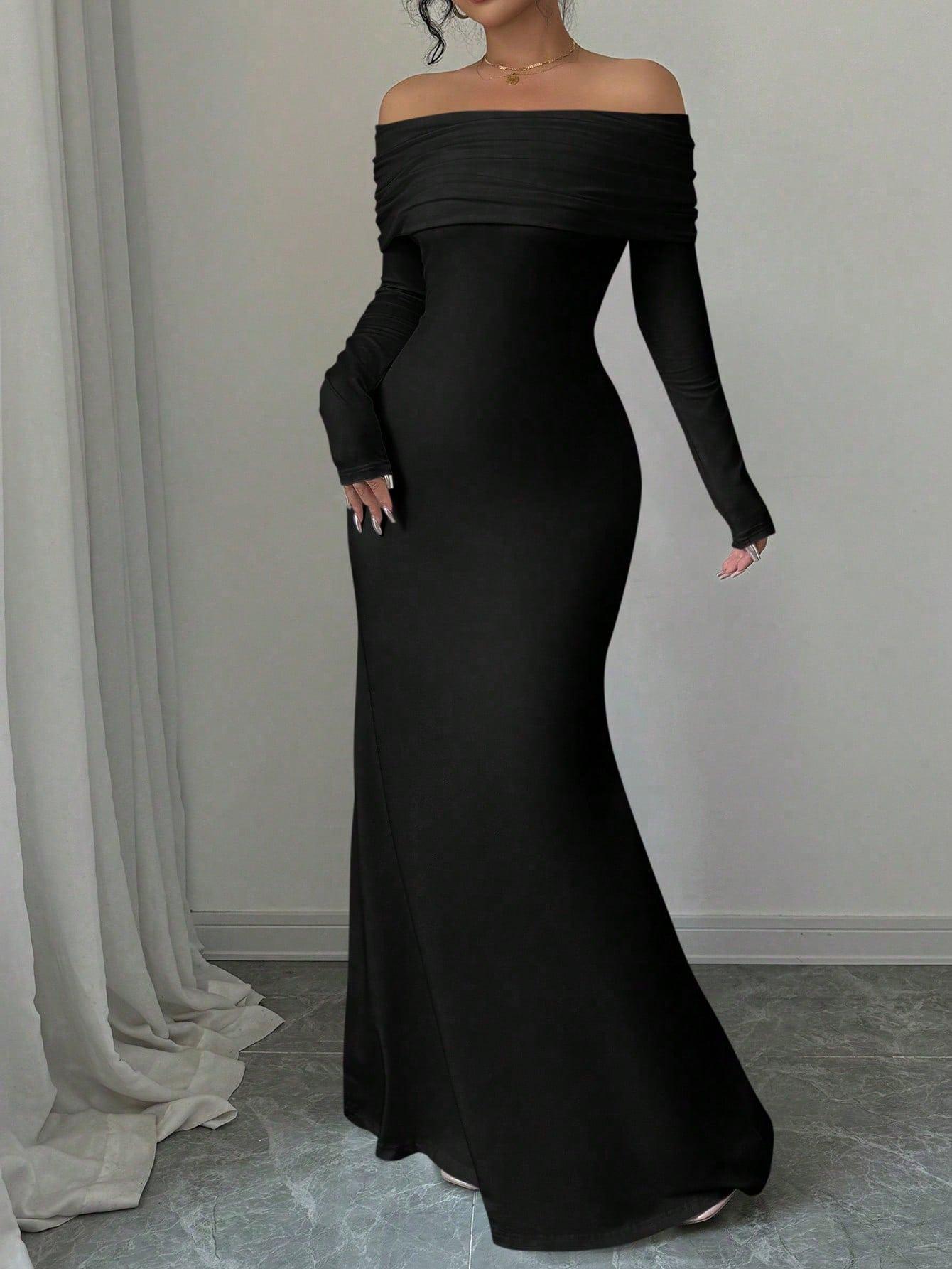 SHEIN CZARNA MAXI SUKIENKA ODKRYTE RAMIONA S06__S