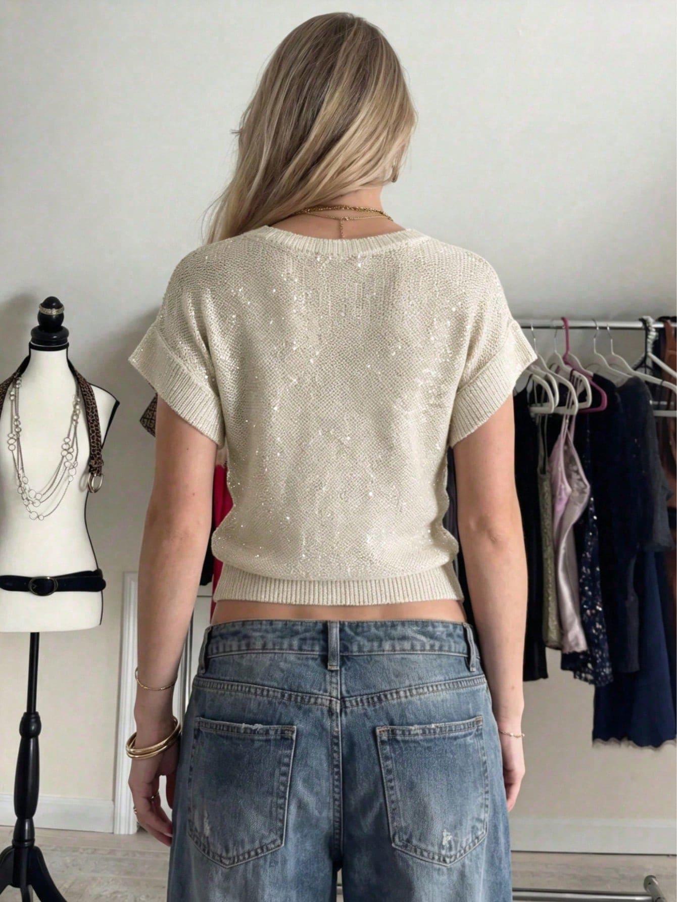 SHEIN BEŻOWA BLUZKA KRÓTKI RĘKAW CEKINY S06__46