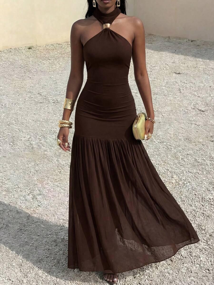 SHEIN BRĄZOWA MAXI SUKIENKA S09__XS