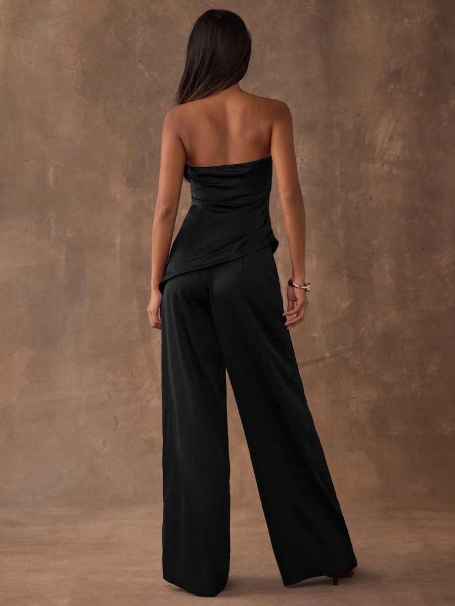 SHEIN CZARNY SATYNOWY TOP SPODNIE KOMPLET S06__M