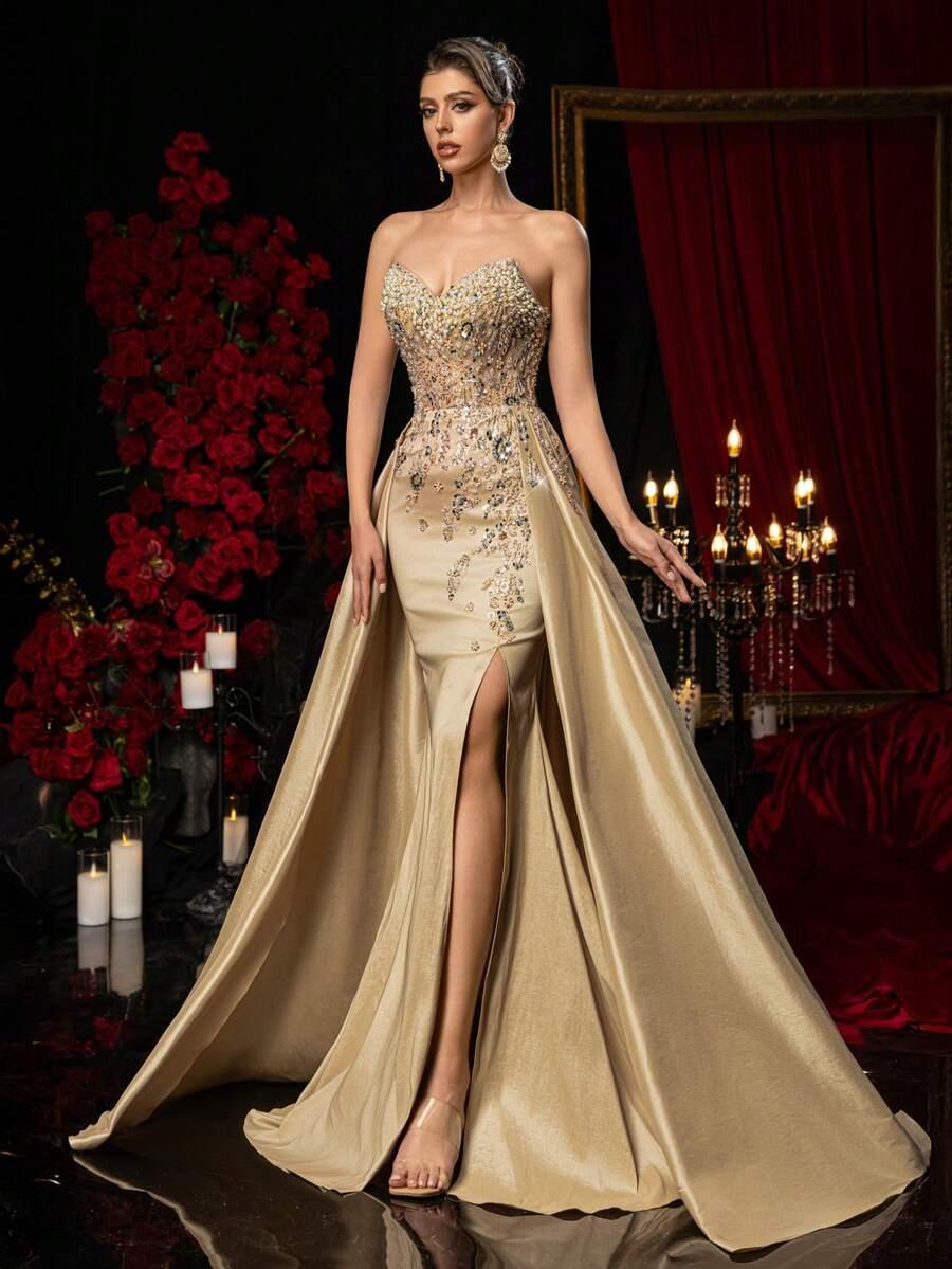 GLAMRAE ZŁOTA MAXI SUKIENKA S06__XS