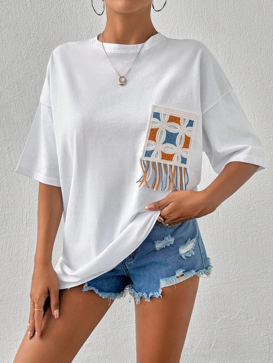 MOL LIFE BAWEŁNIANY BIAŁY T-SHIRT KIESZONKA HAFT FRĘDZLE PK01__L