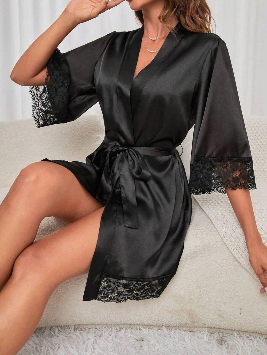 SHEIN SATYNOWY SZLAFROK WSTAWKI KORONKA S09__S