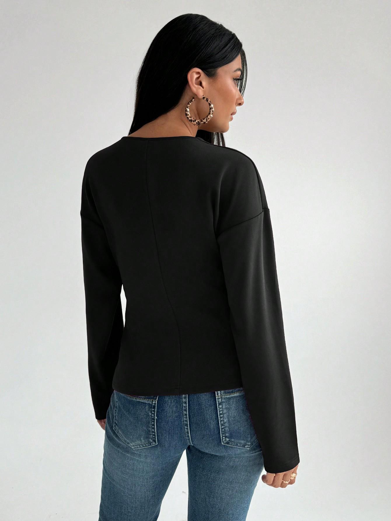 SHEIN CZARNA BLUZKA DŁUGI RĘKAW S06__M
