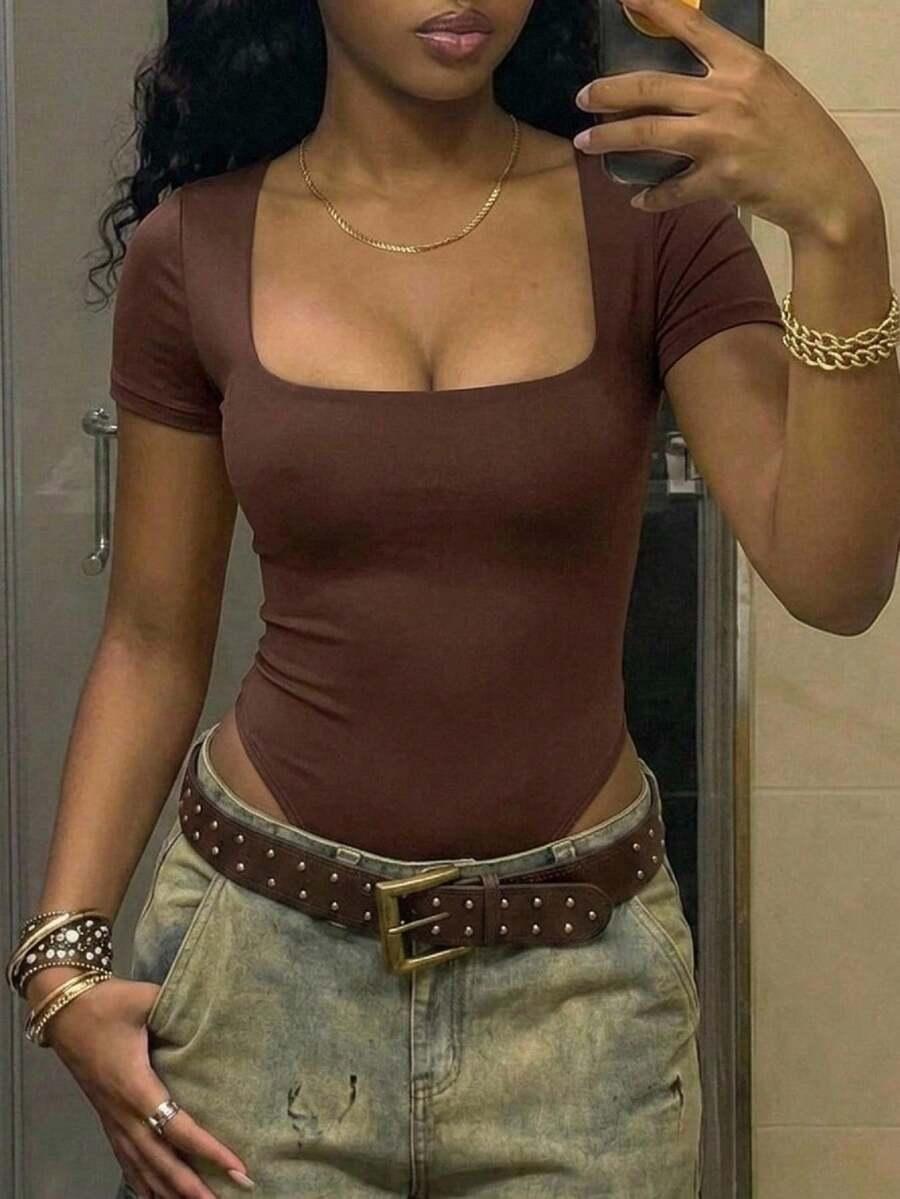 FIERCELLA BRĄZOWE BODY KRÓTKI RĘKAW S06__L