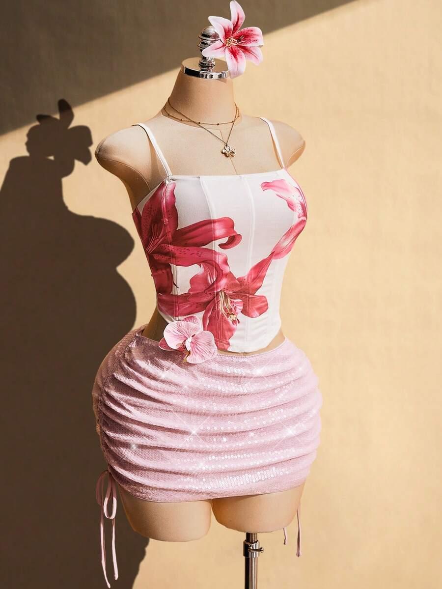 SHEIN RÓŻOWA MINI SPÓDNICA CEKINY S06__48