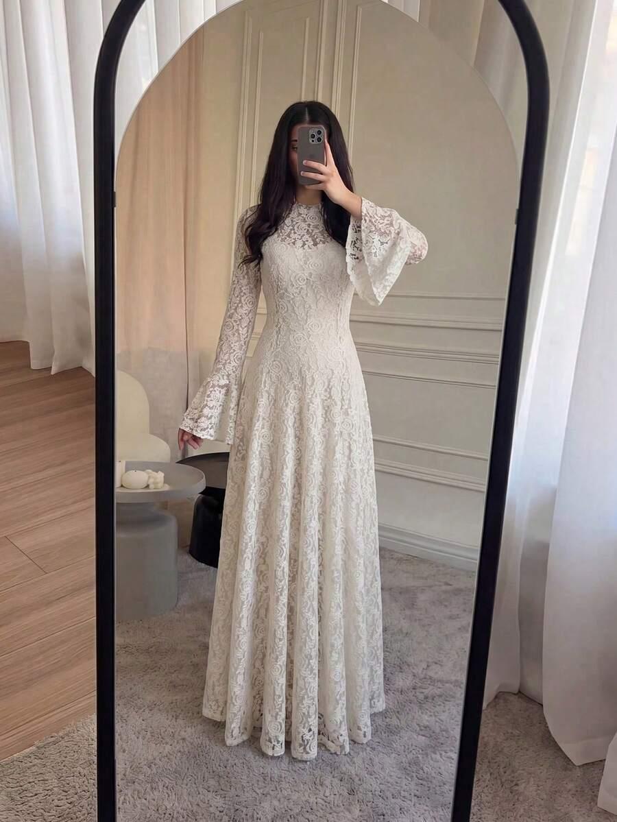 SHEIN KREMOWA MAXI SUKIENKA KORONKA S06__L