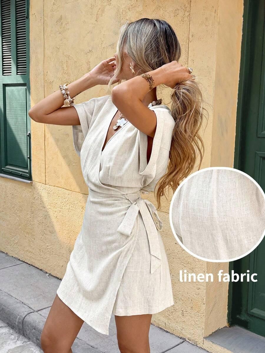 SHEIN BEŻOWY KOMBINEZON KRÓTKI RĘKAW S06__M
