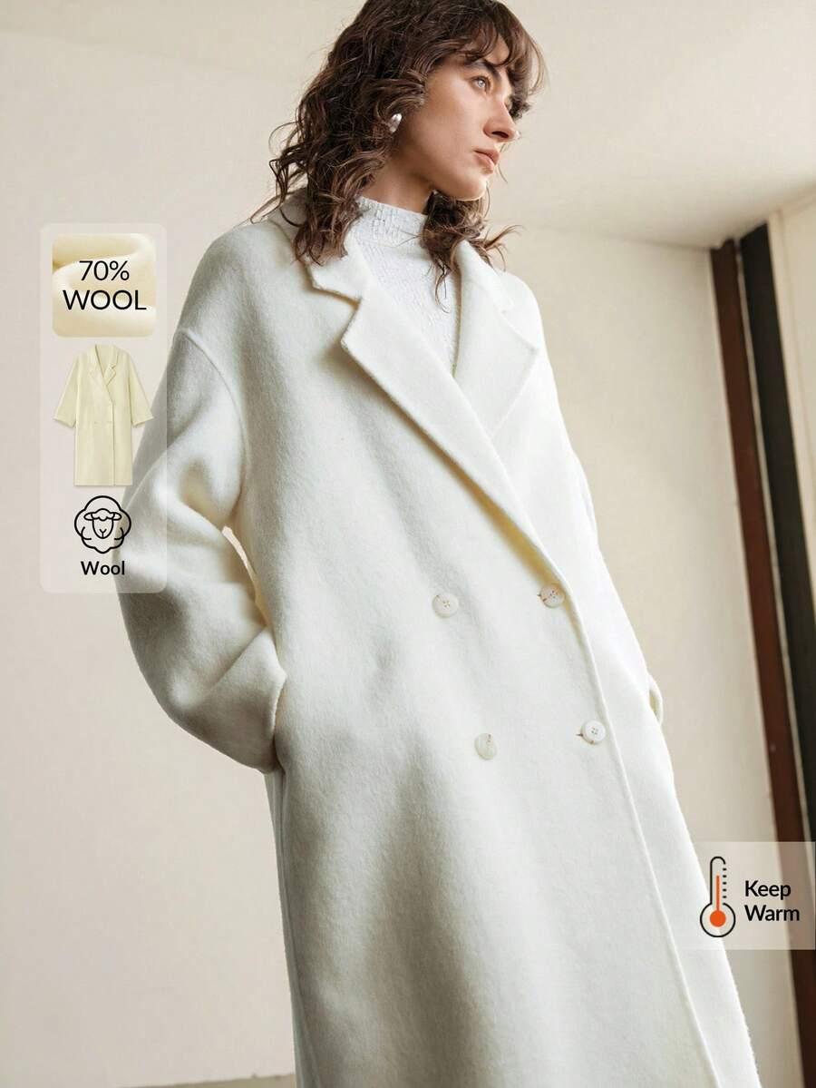 SHEIN ECRU WEŁNIANY PŁASZCZ GUZIKI W01__S