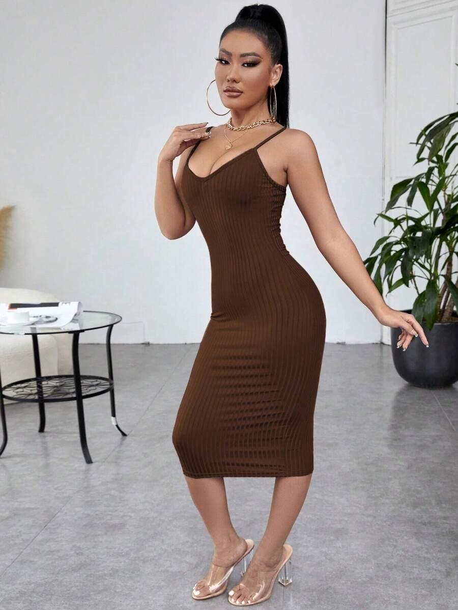 SHEIN BRĄZOWA MIDI SUKIENKA S09__L