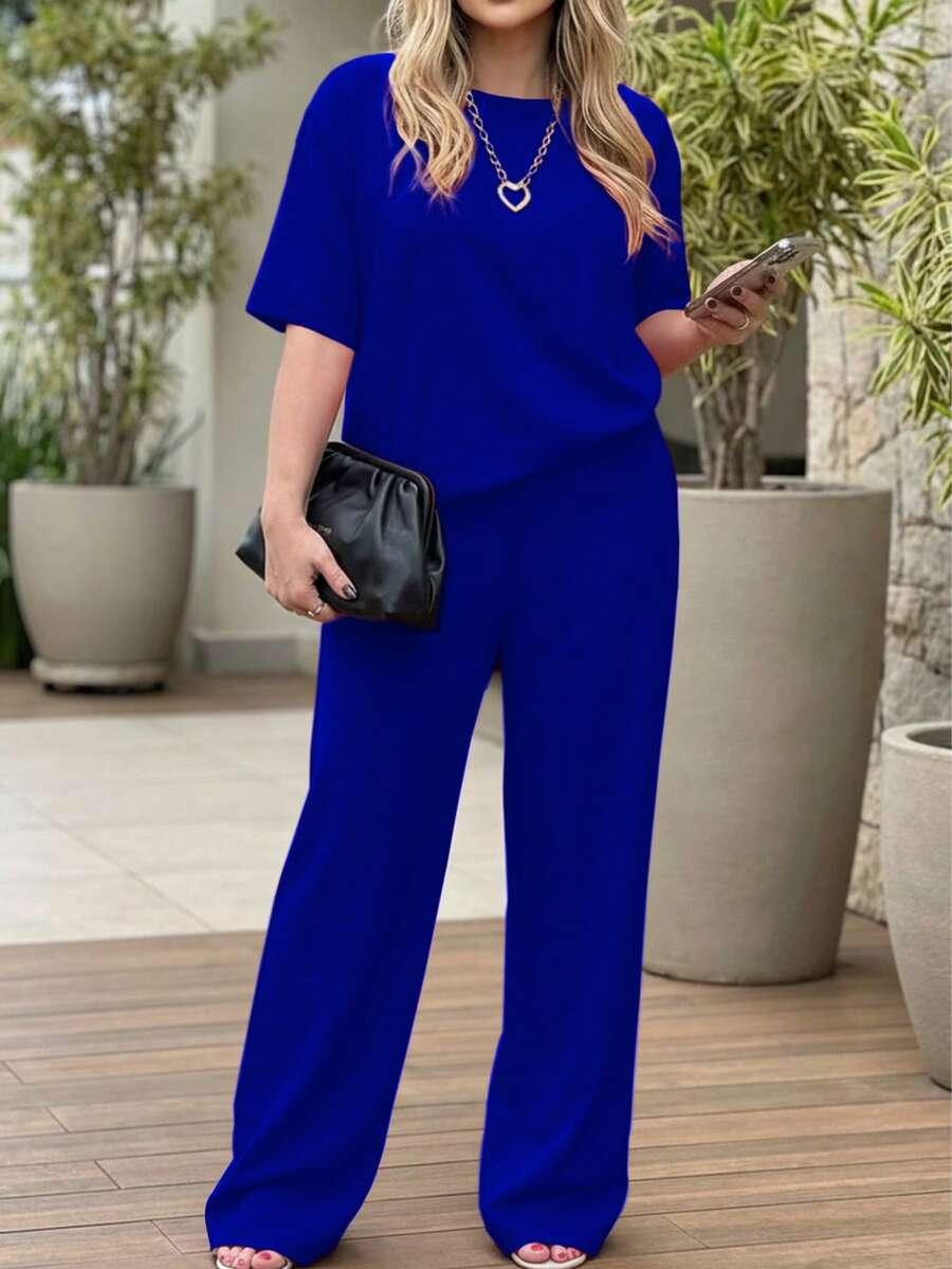 SHEIN NIEBIESKI KOMPLET BLUZKA SPODNIE S06__M