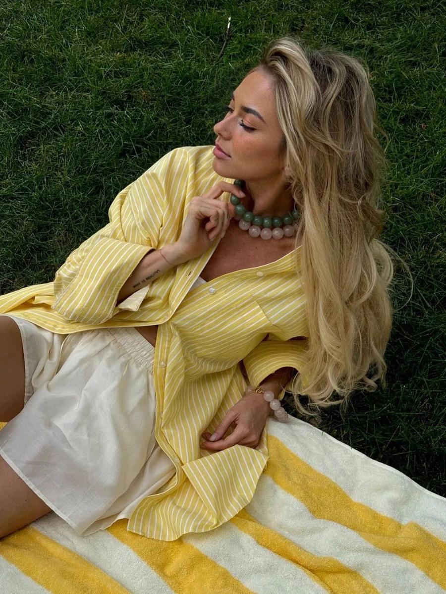 SHEIN ŻÓŁTA KOSZULA DŁUGI RĘKAW PASKI S06__L