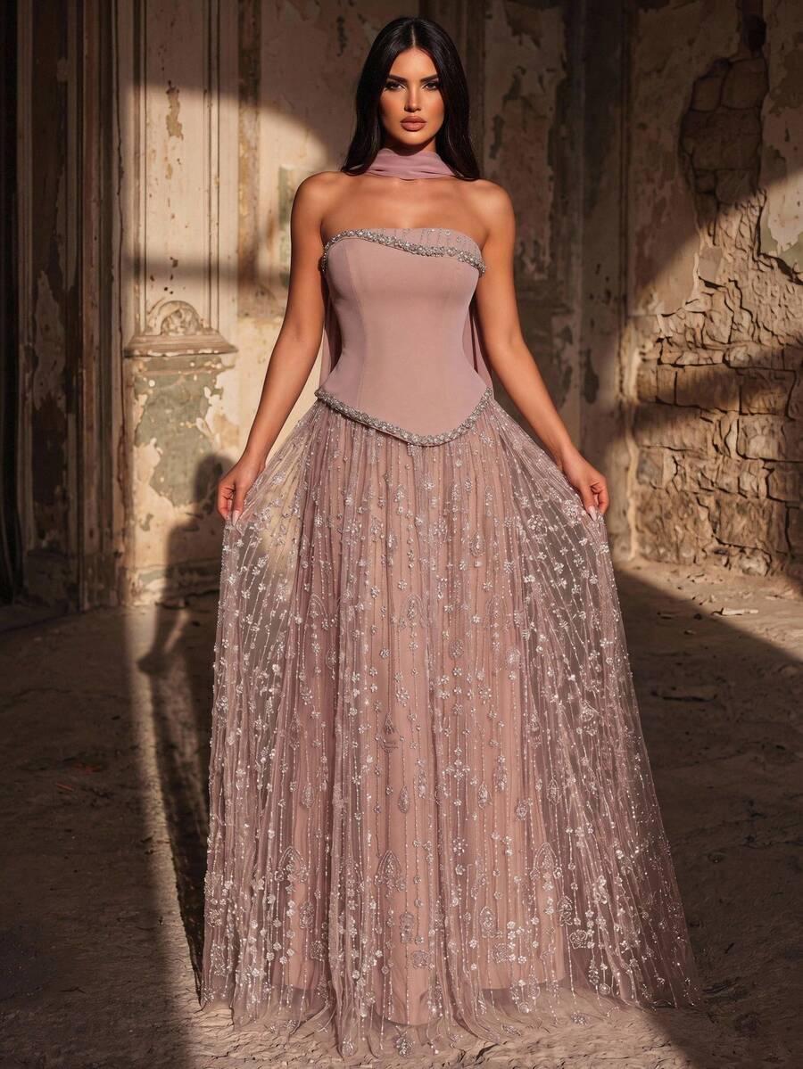 GLAMRAE RÓŻOWA MAXI SUKIENKA ZDOBIENIE S06__XS