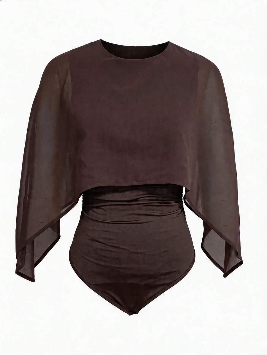 SHEIN BRĄZOWE BODY ASYMETRYCZNE RĘKAWY PK01__S
