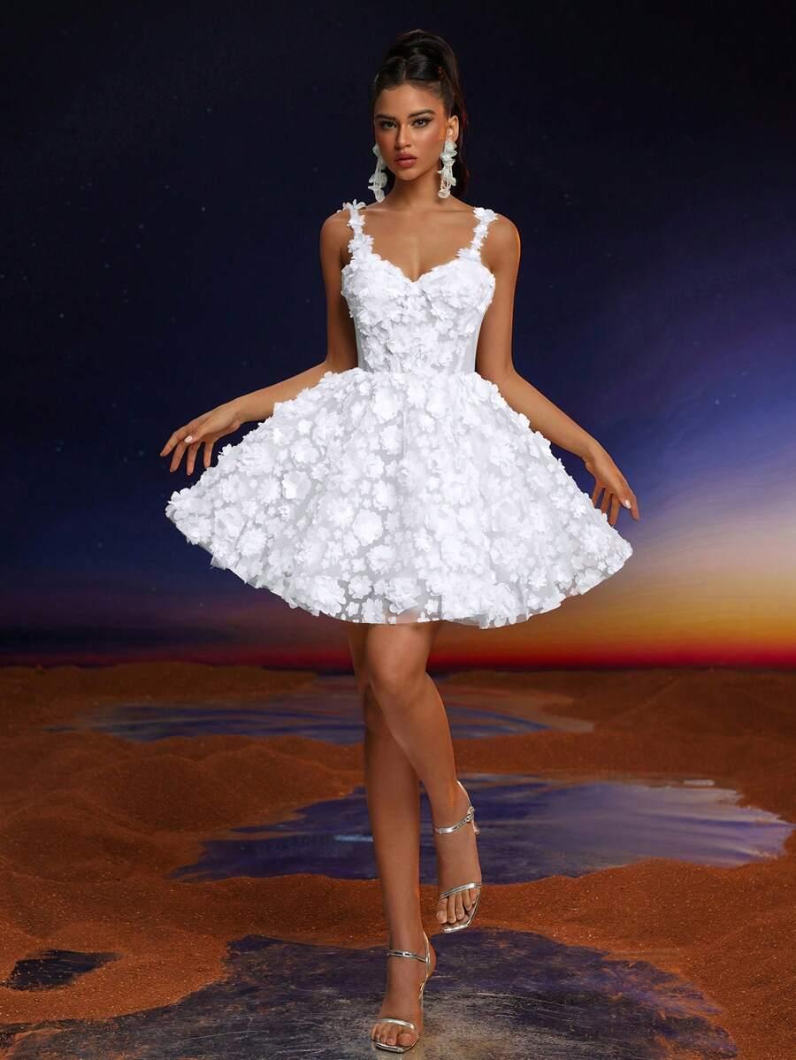 SHEIN BIAŁA MINI SUKIENKA KWIATY 3D S06__XS