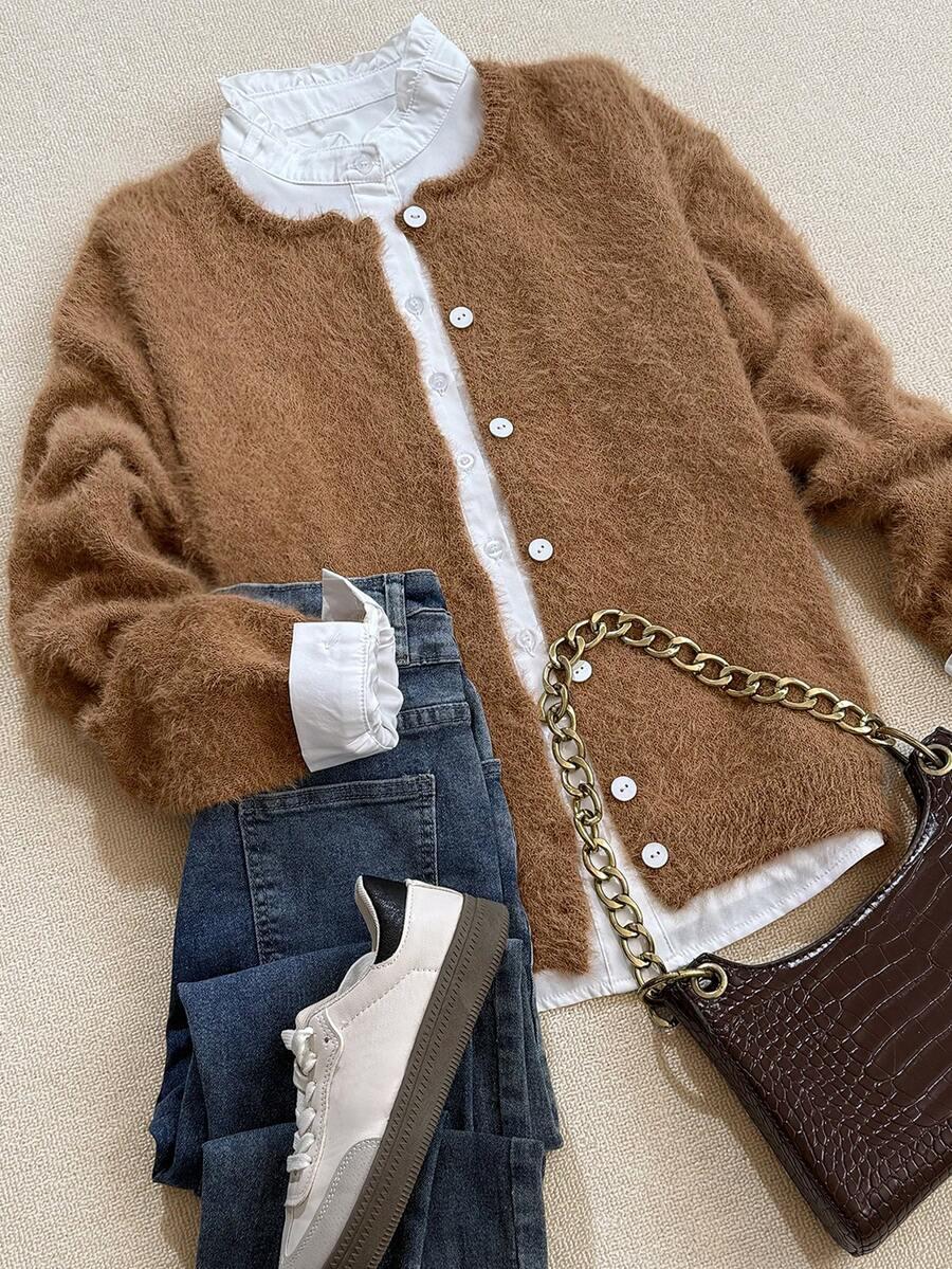 SHEIN BRĄZOWY SWETER GUZIKI S06__S