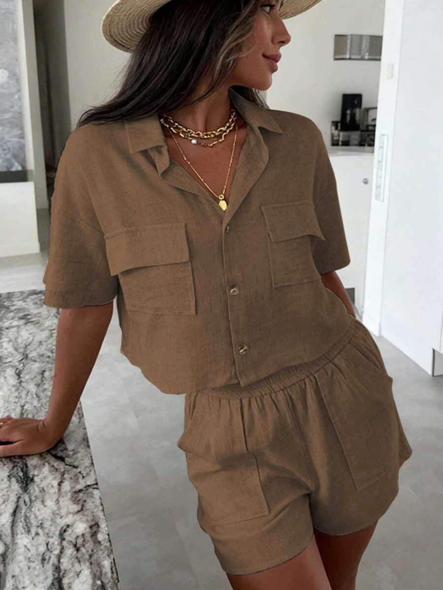 SHEIN BRĄZOWA KOSZULA KRÓTKI RĘKAW S06__L