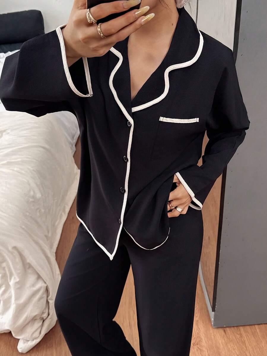 SHEIN KOMPLET CZARNA PIŻAMA KONTRAST SPODNIE BLUZKA S06__XL