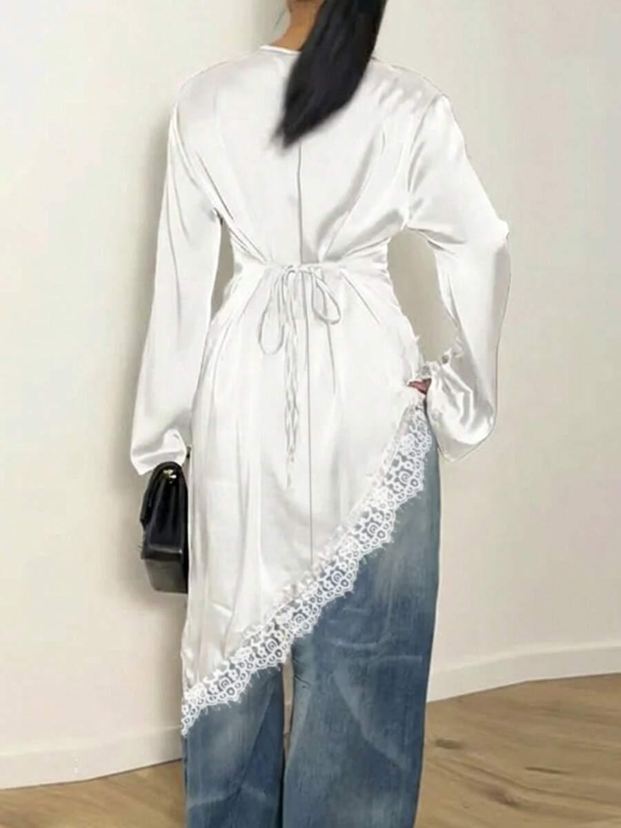 SHEIN SATYNOWA BIAŁA BLUZKA DŁUGI RĘKAW KORONKA ASYMETRIA PK01__M
