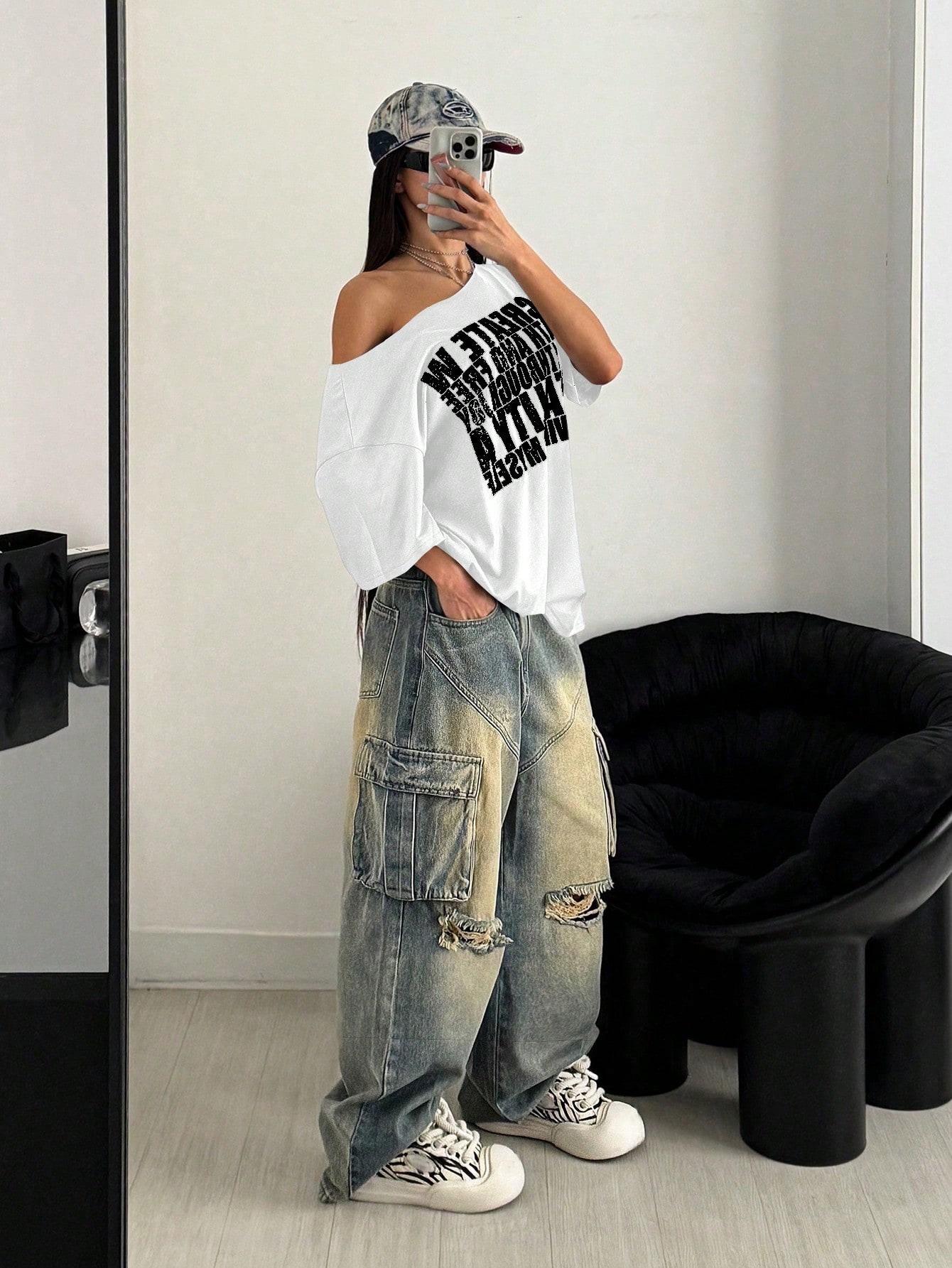SHEIN BIAŁA LUŹNA BLUZKA Z NADRUKIEM S06__M