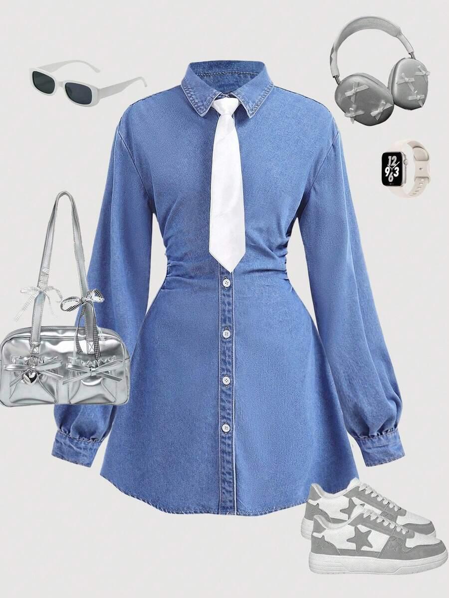 SHEIN JEANSOWA SUKIENKA KRAWAT KOMPLET S06__140