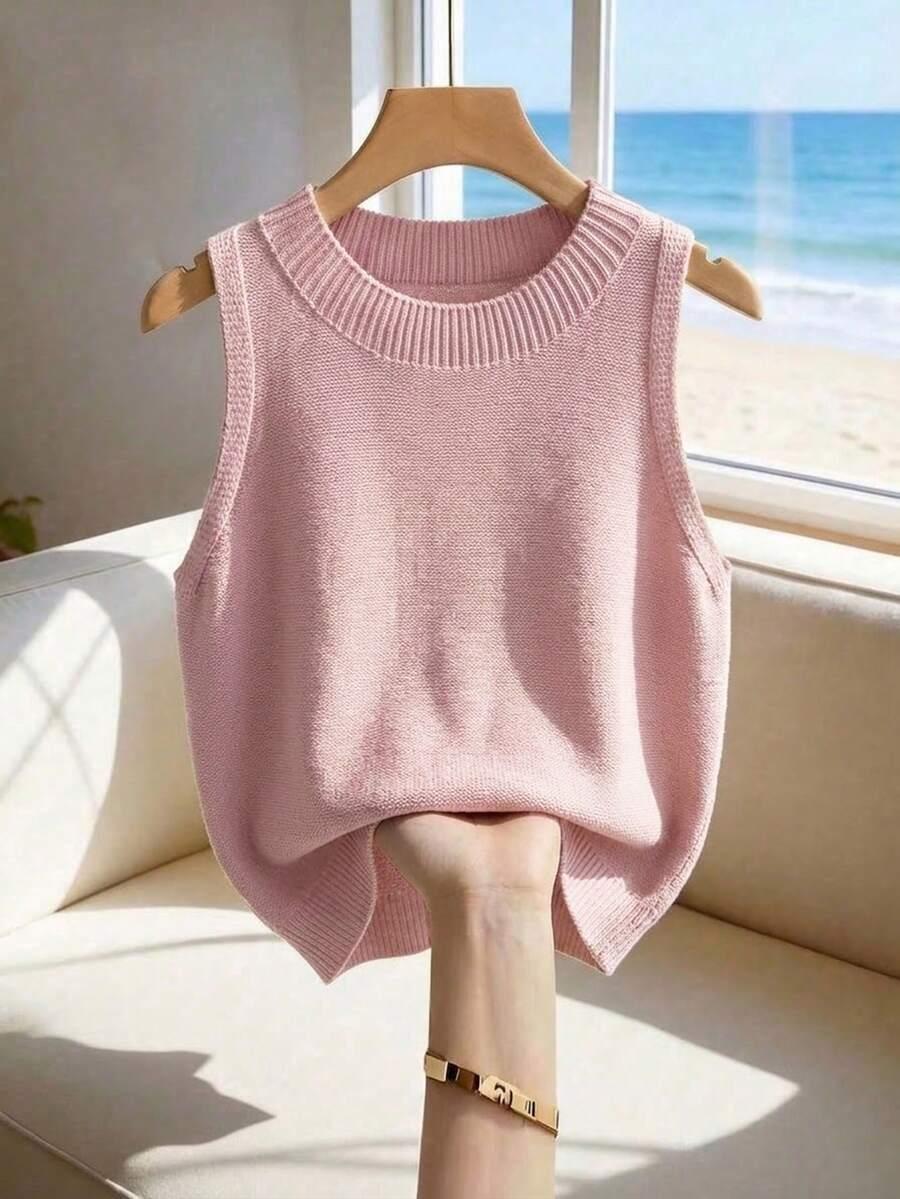 SHEIN RÓŻOWY DZIANINOWY TOP BEZ RĘKAWÓW PK01__L