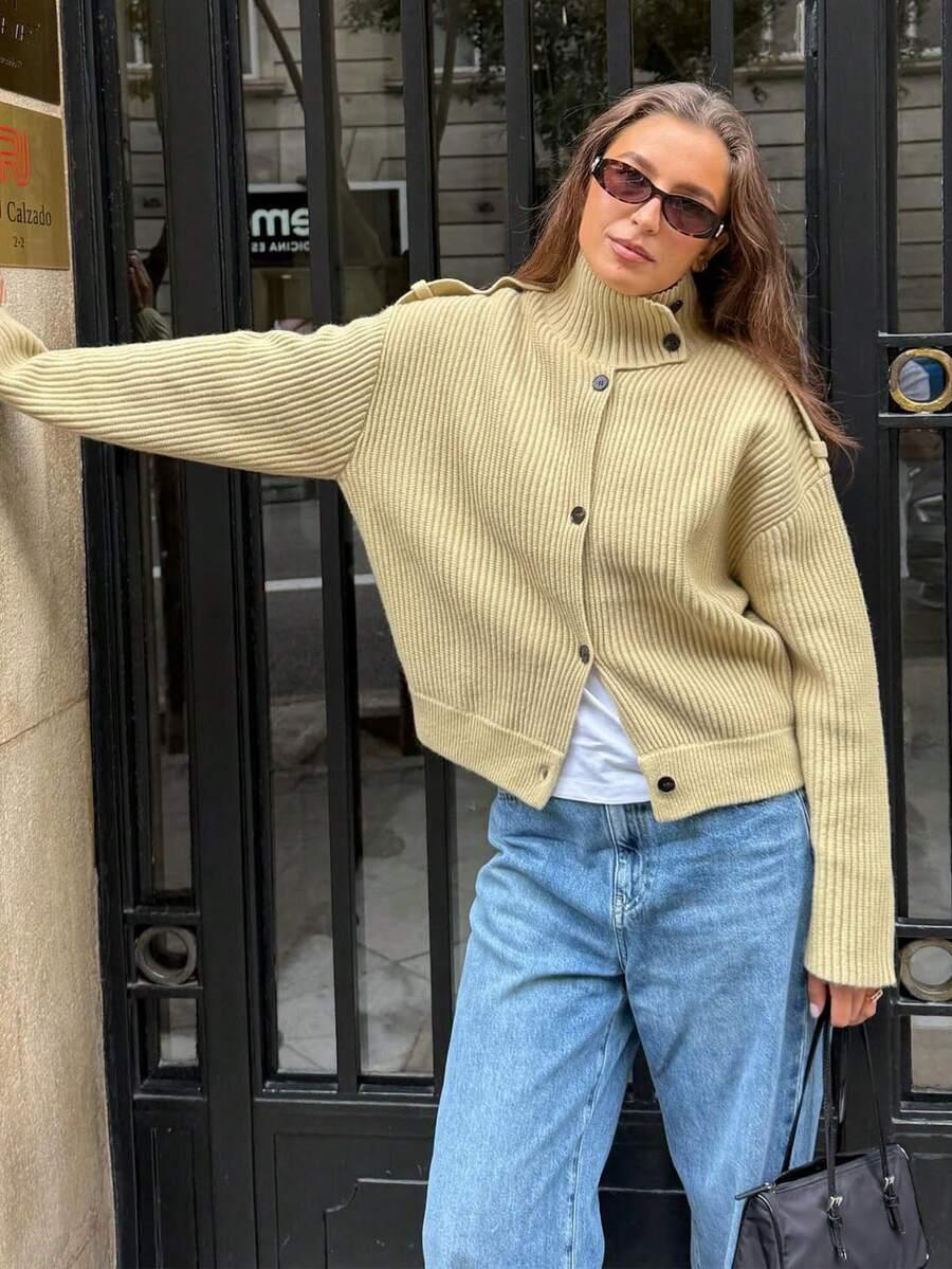 SHEIN BEŻOWY SWETER GUZIKI S06__M