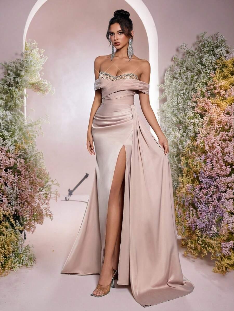 SHEIN BEŻOWA MAXI SUKIENKA ZDOBIENIE ROZCIĘCIE S06__L