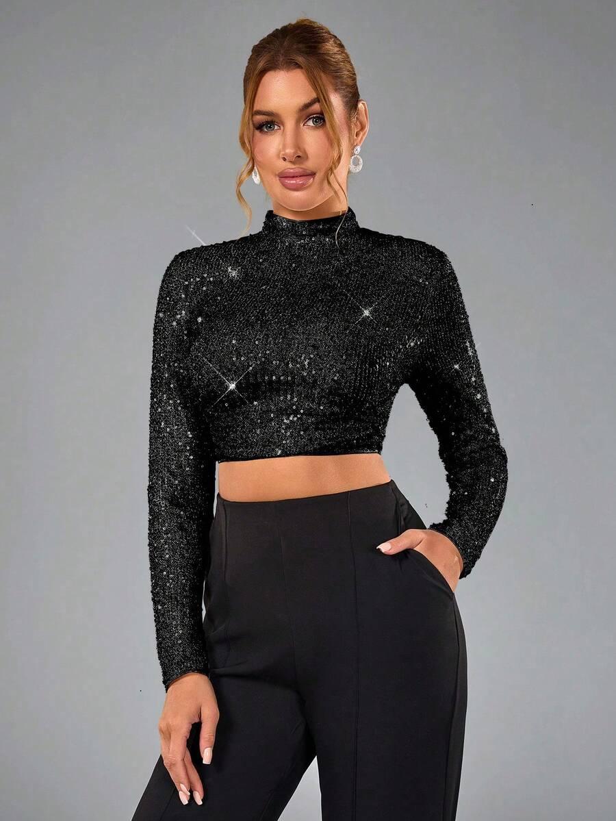 SHEIN CZARNY TOP POŁYSK S06__XXL