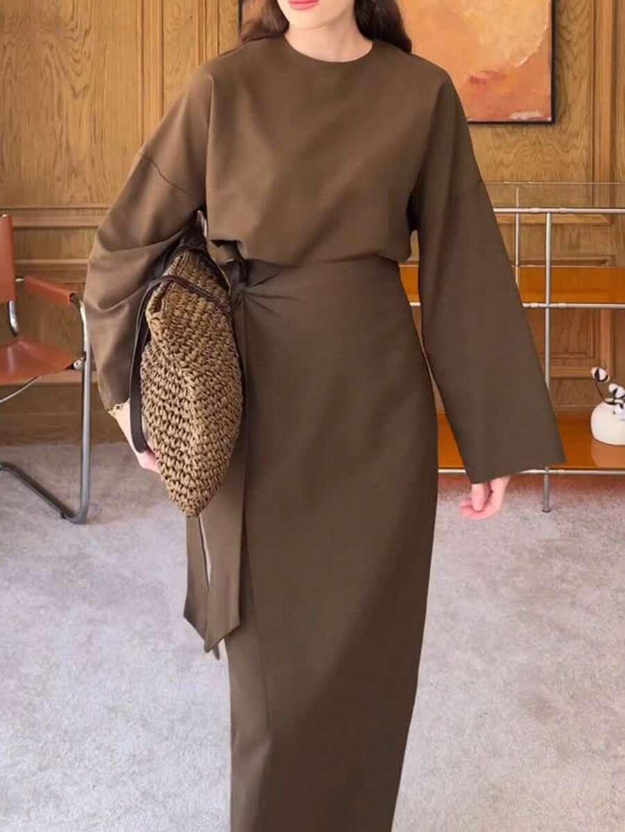 SHEIN BRĄZOWY KOMPLET SPÓDNICA BLUZKA S06__M
