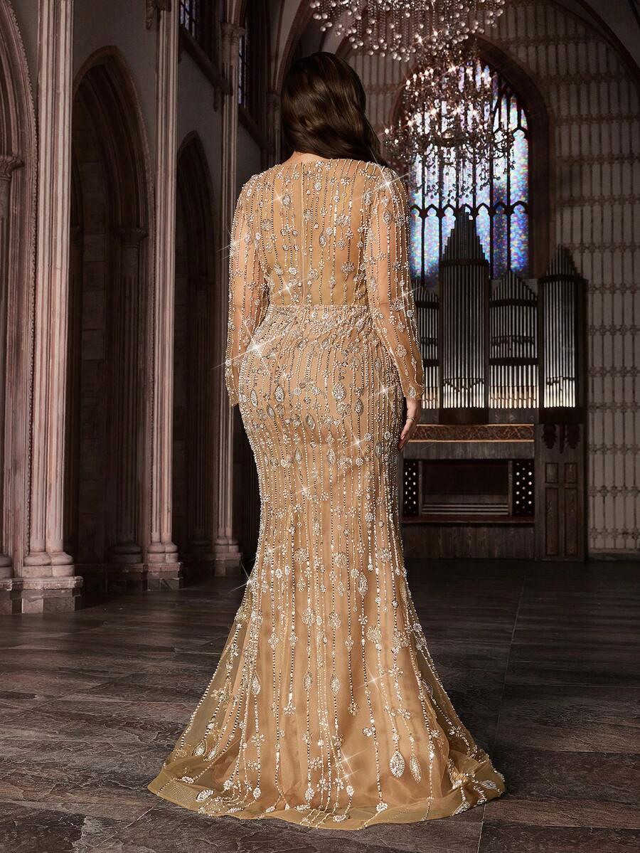 SHEIN BEŻOWA MAXI SUKIENKA ZDOBIENIA S06__46