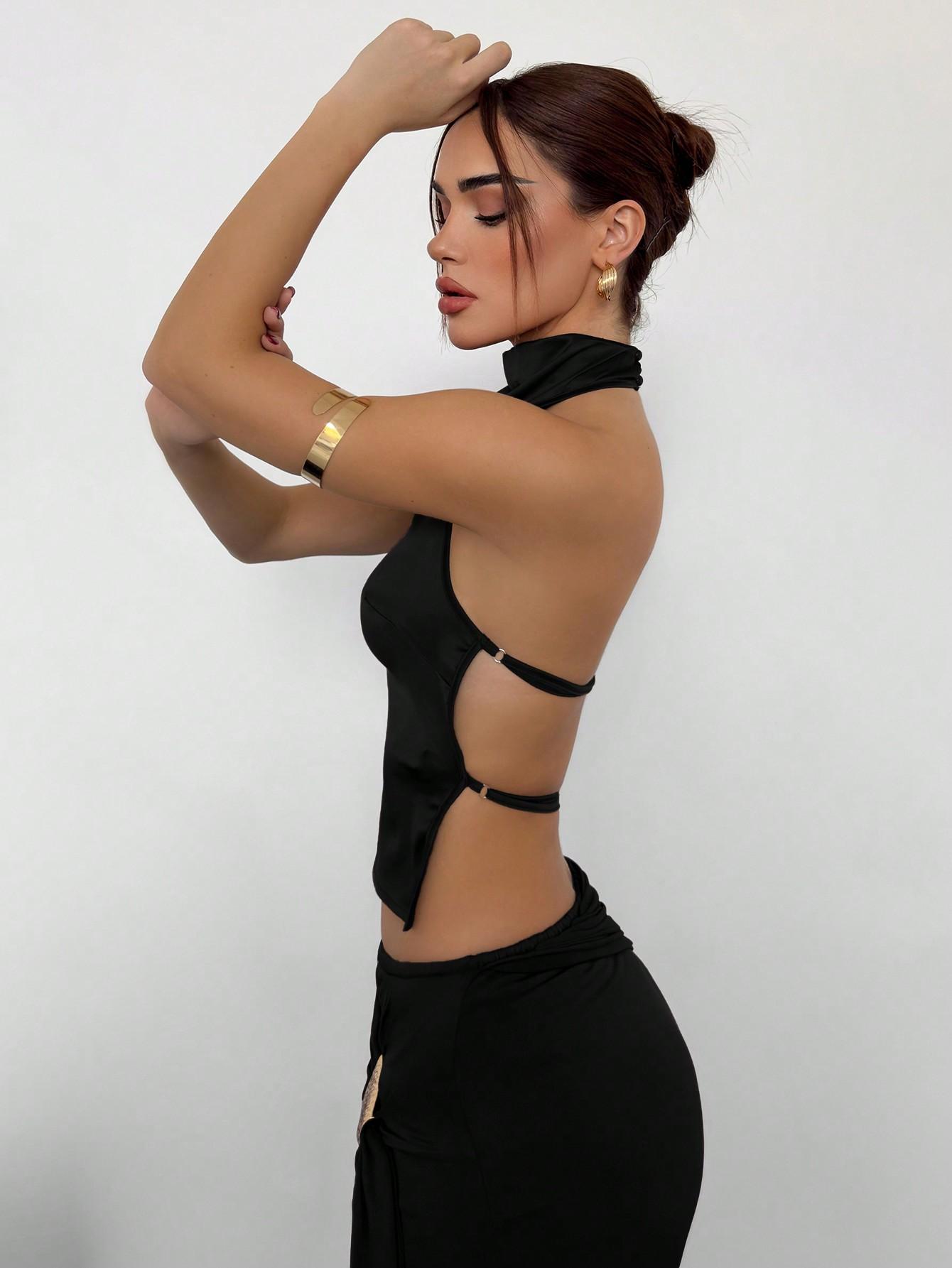 SHEIN CZARNY TOP ODKRYTE PLECY S09__S