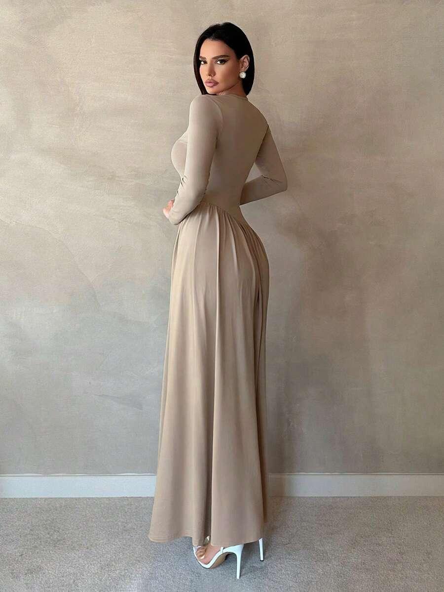 SHEIN BEŻOWA MAXI SUKIENKA S09__S