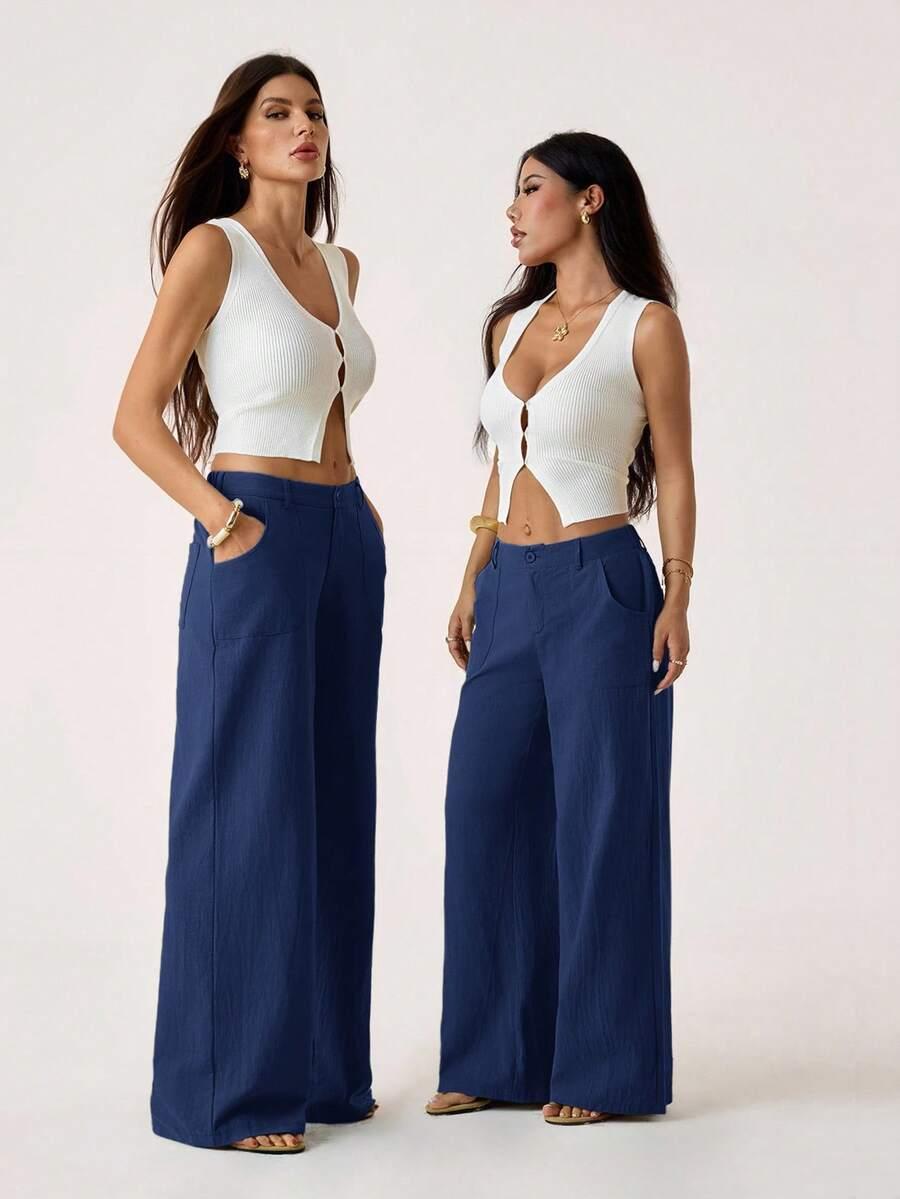 SHEIN GRANATOWE BAWEŁNIANE SPODNIE S06__L