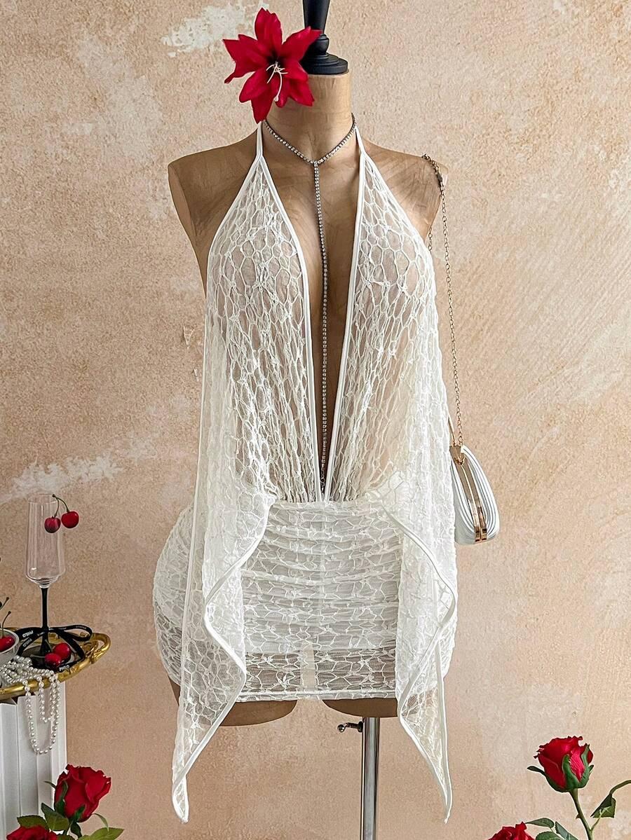 SOLEIA BIAŁA MINI SUKIENKA KORONKA S06__M