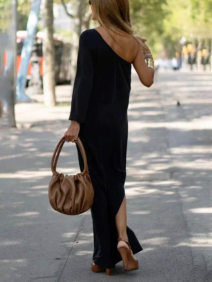 SHEIN CZARNA MAXI SUKIENKA NA JEDNO RAMIĘ S06__M