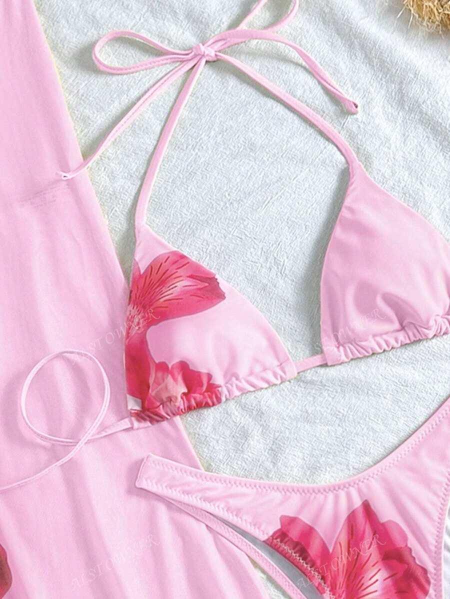 SHEIN RÓŻOWY TRZYCZĘŚCIOWY STRÓJ KĄPIELOWY KOMPLET S09__XS