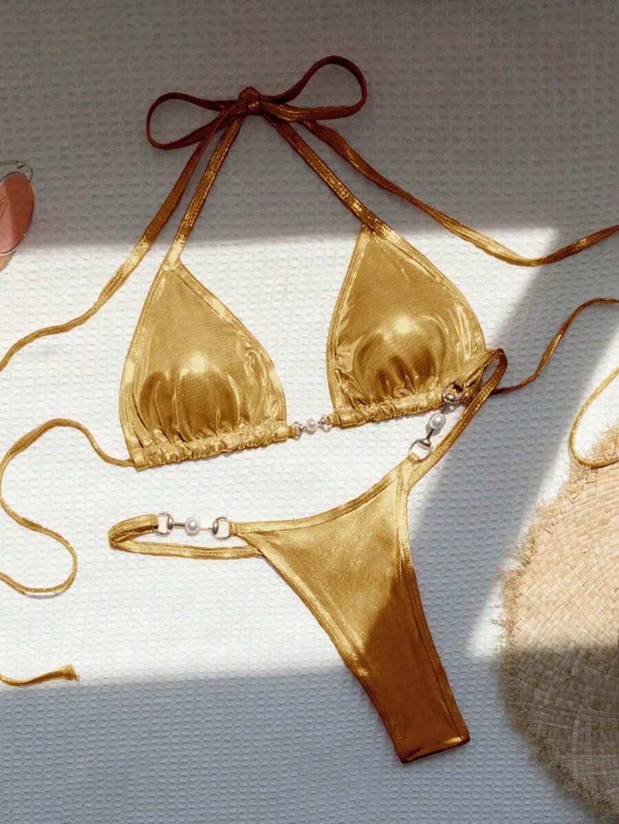 SHEIN ZŁOTY STRÓJ KĄPIELOWY S09__XS