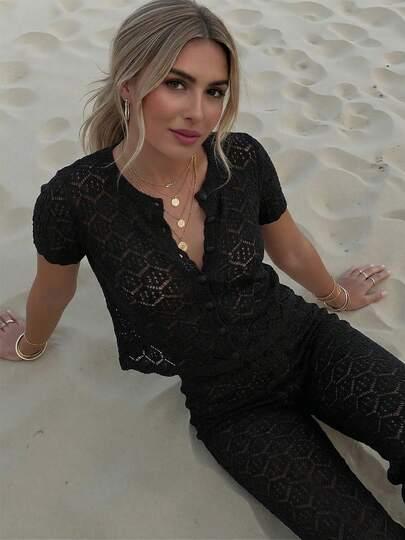 SHEIN CZARNY DZIANINOWY KOMPLET SPODNIE BLUZKA GUZIKI S06__XL